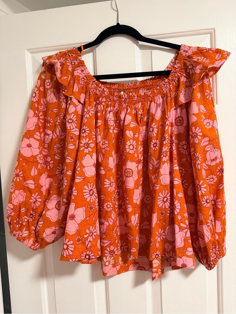 Free People Ruffled Off-Shoulder Floral Top in Orange and Pink